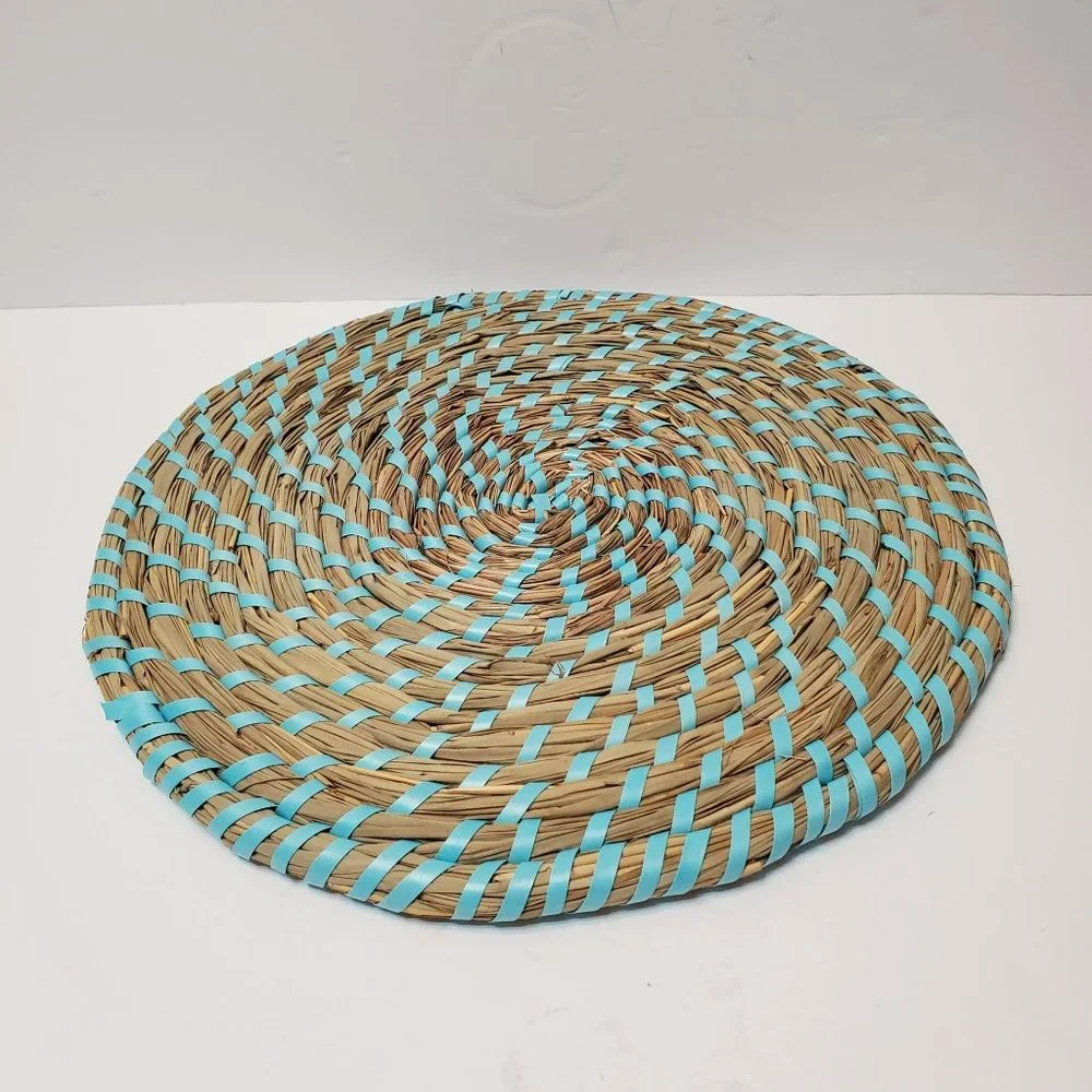 Woven Rattan Placemats, 4pc, Wicker Table Mat, Trivet Hot Mat, Sky Blue Trim NEW